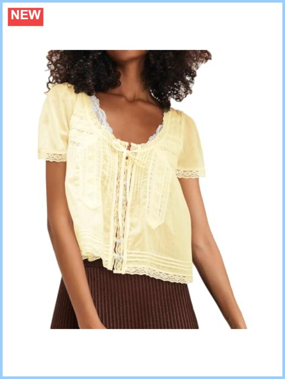 Womens Lace Button Up Short Sleeve Semi Sheer Ruffle Blouse